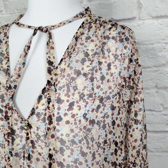 Theory Top Silk Bernetta Floral Crinkle Chiffon Tie Neck Sheer Long Sleeve Sz L - Picture 4 of 13
